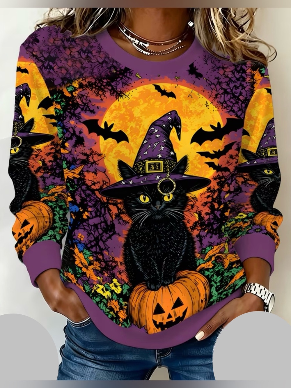 Halloween Black Cat Graphic Non-Fleece Sweatshirt - Purple/Orange